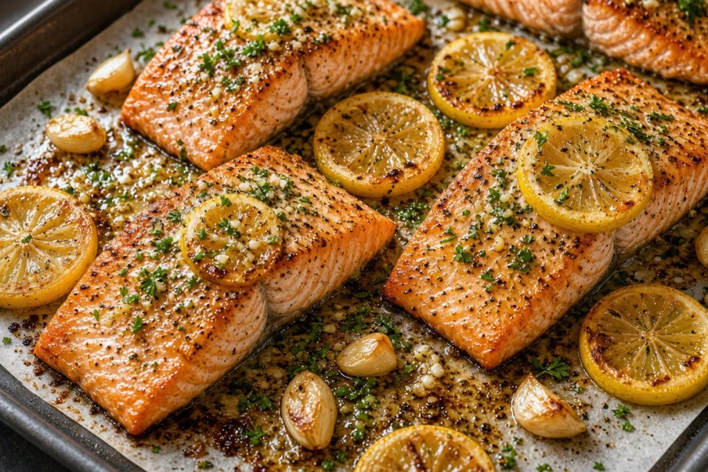 Baked salmon fillets with lemon slices, garlic, and herbs