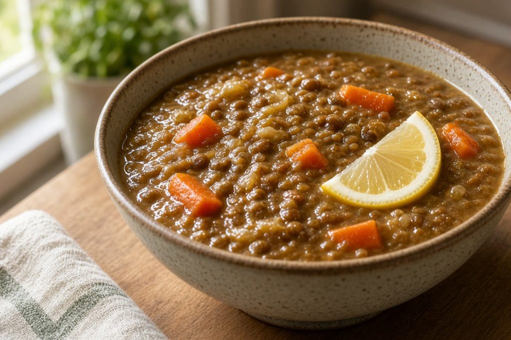 Bowl of brown lentil soup