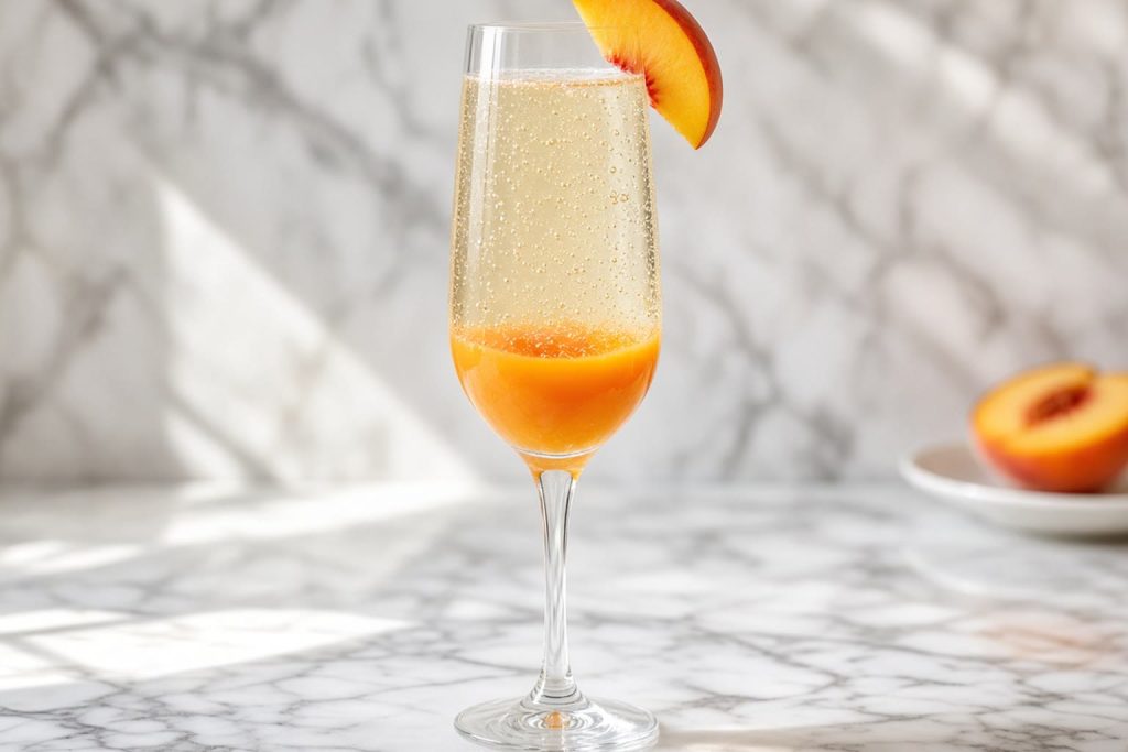 Peach bellini in a champagne flute with peach puree and a peach slice garnish