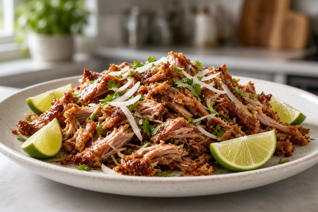 Crisped pork carnitas in a skillet