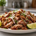 Crisped pork carnitas in a skillet