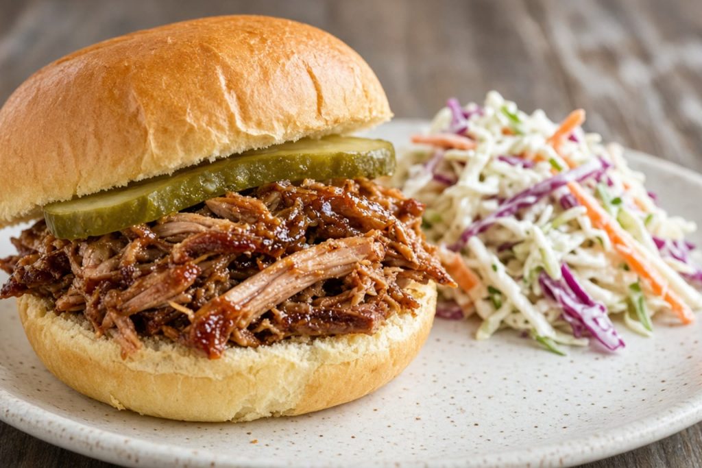 Pulled pork sandwich on a bun with pickle slices and slaw