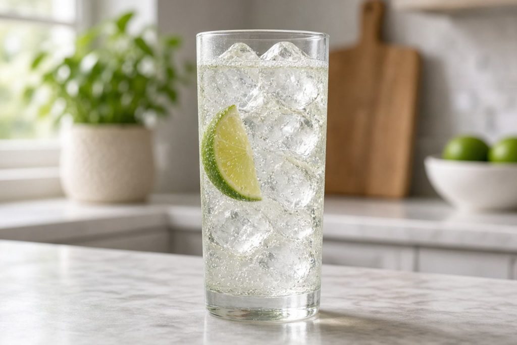 Ranch water with lime in a highball glass