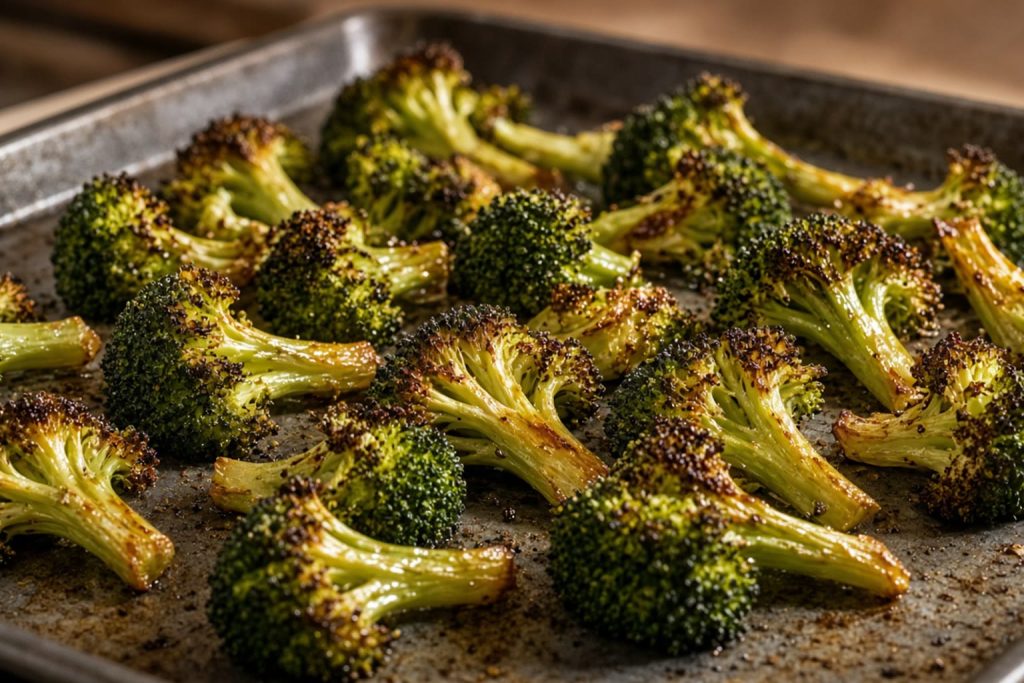 Roasted broccoli on a sheet pan