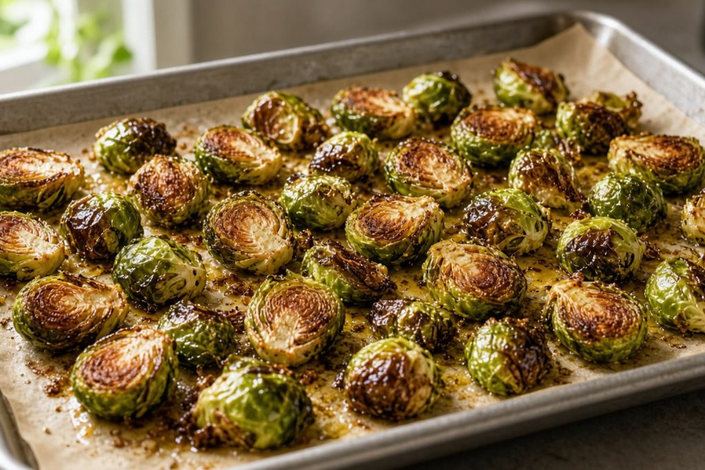 Roasted brussels sprouts on a sheet pan