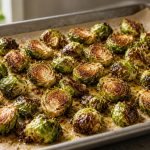 Roasted brussels sprouts on a sheet pan