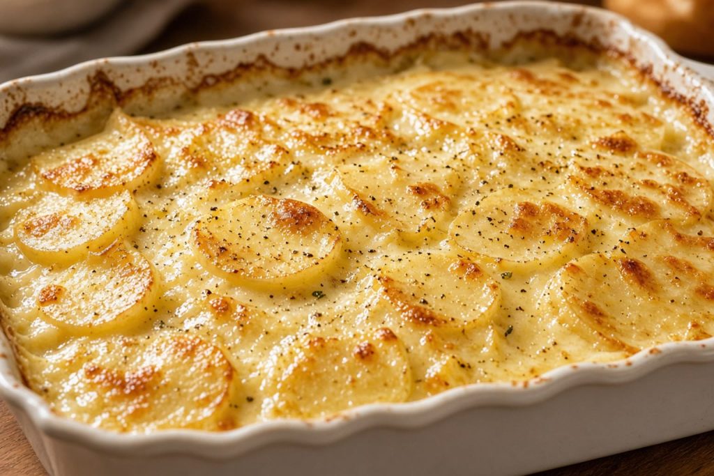 Scalloped potatoes in a baking dish