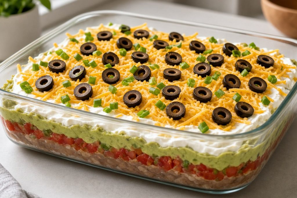 Seven layer dip in a glass dish