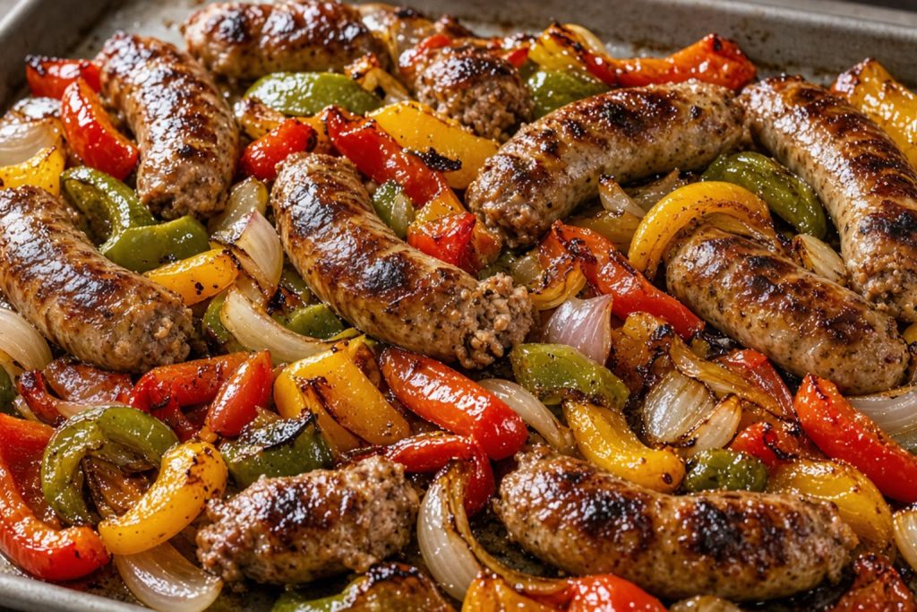 Sheet pan of roasted Italian sausage, peppers, and onions