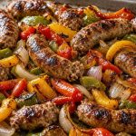 Sheet pan of roasted Italian sausage, peppers, and onions