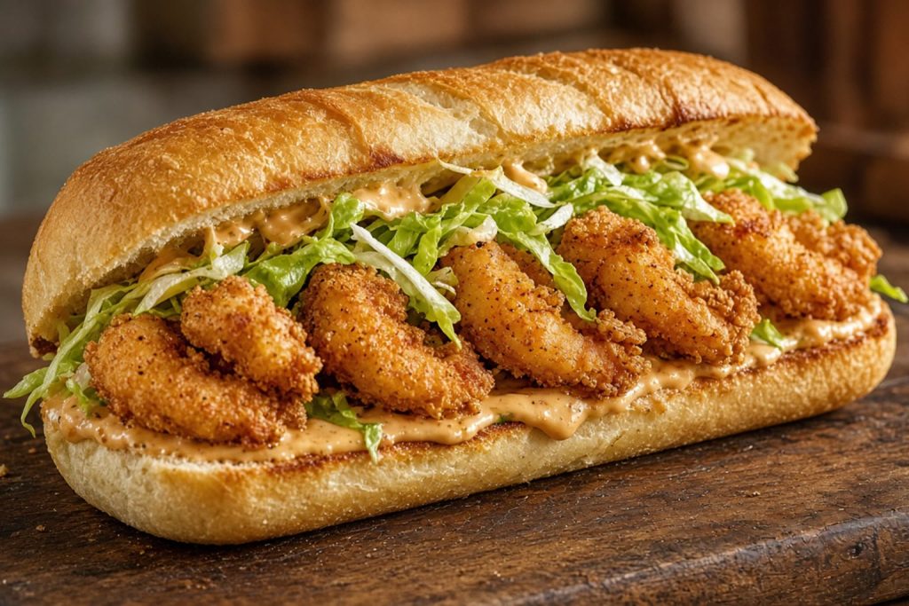 Shrimp po boy on a roll