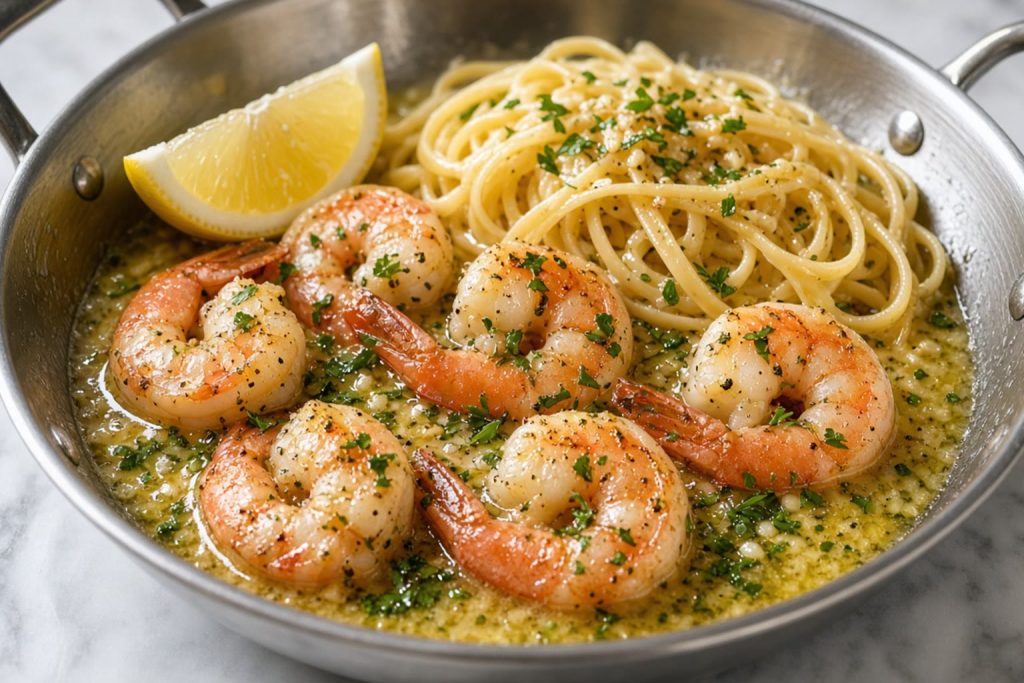 Skillet of shrimp scampi in garlic butter with parsley and lemon