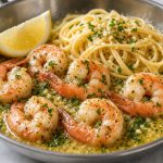 Skillet of shrimp scampi in garlic butter with parsley and lemon