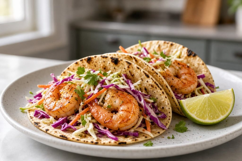 Shrimp tacos with cabbage and lime