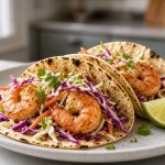 Shrimp tacos with cabbage and lime