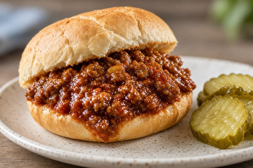 Sloppy joe sandwiches on soft buns with a thick tomato beef sauce