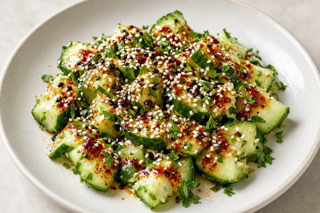 Smashed cucumber salad with garlic, vinegar, and chili