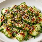 Smashed cucumber salad with garlic, vinegar, and chili