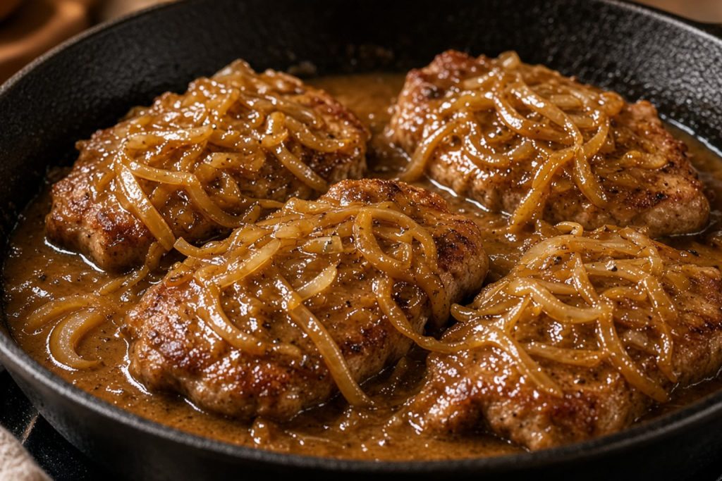 Smothered pork chops in onion gravy
