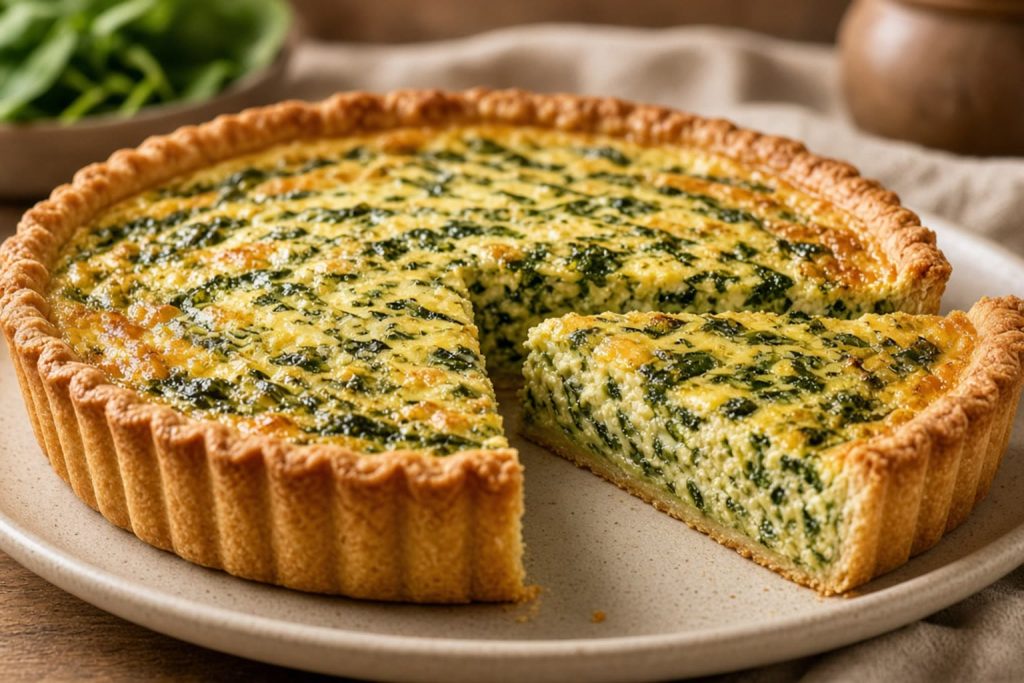 Spinach quiche with a slice cut