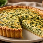 Spinach quiche with a slice cut
