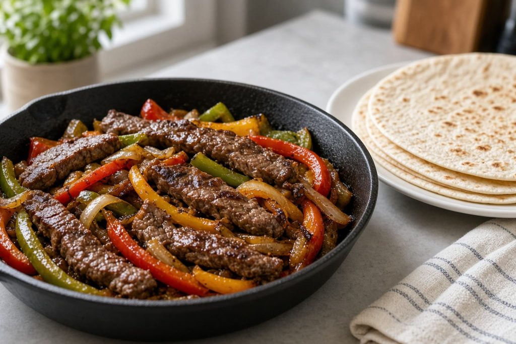 Steak fajitas with peppers in a skillet