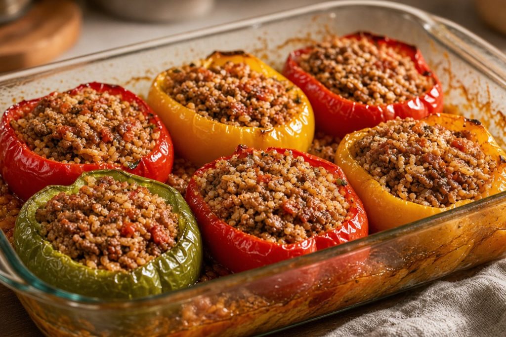 Stuffed bell peppers in a baking dish