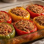 Stuffed bell peppers in a baking dish