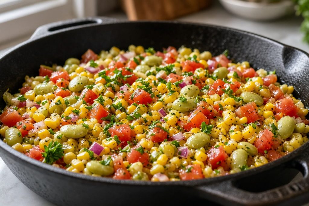 Skillet of succotash with corn and lima beans