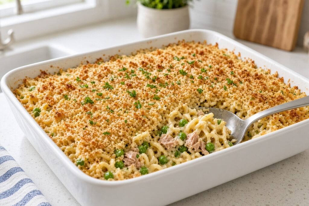 Tuna noodle casserole with peas and a golden breadcrumb topping in a 9x13 dish