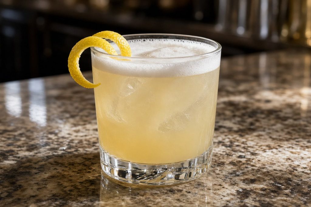 Whiskey sour in a rocks glass with a lemon twist and foam