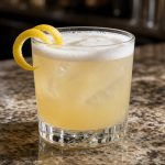 Whiskey sour in a rocks glass with a lemon twist and foam